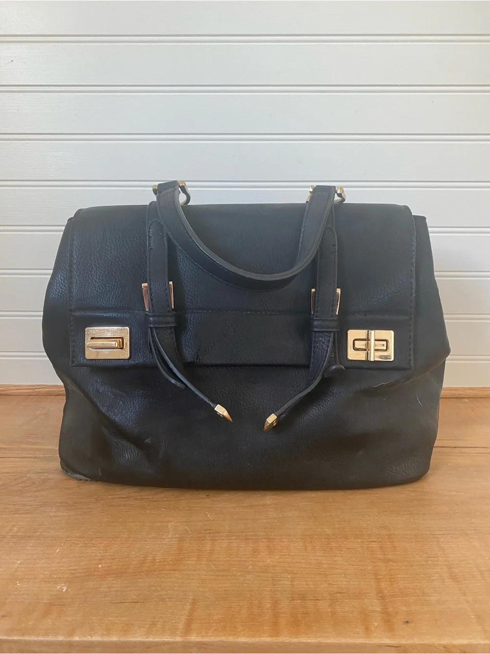Black Leather Satchel Handbag with Gold Hardware